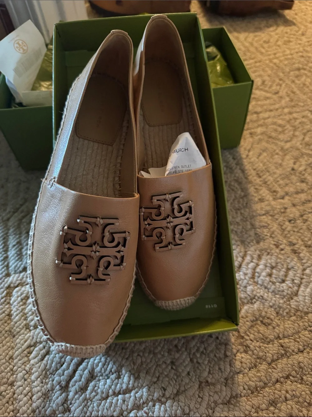 Tory Burch Tan Leather Logo Espadrille Flats